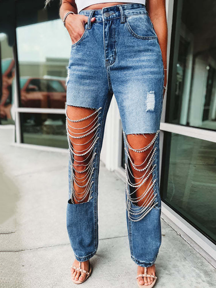 Distressed Rhinestone Chain Straight Leg Jeans