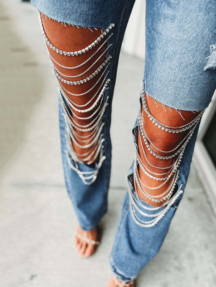 Distressed Rhinestone Chain Straight Leg Jeans