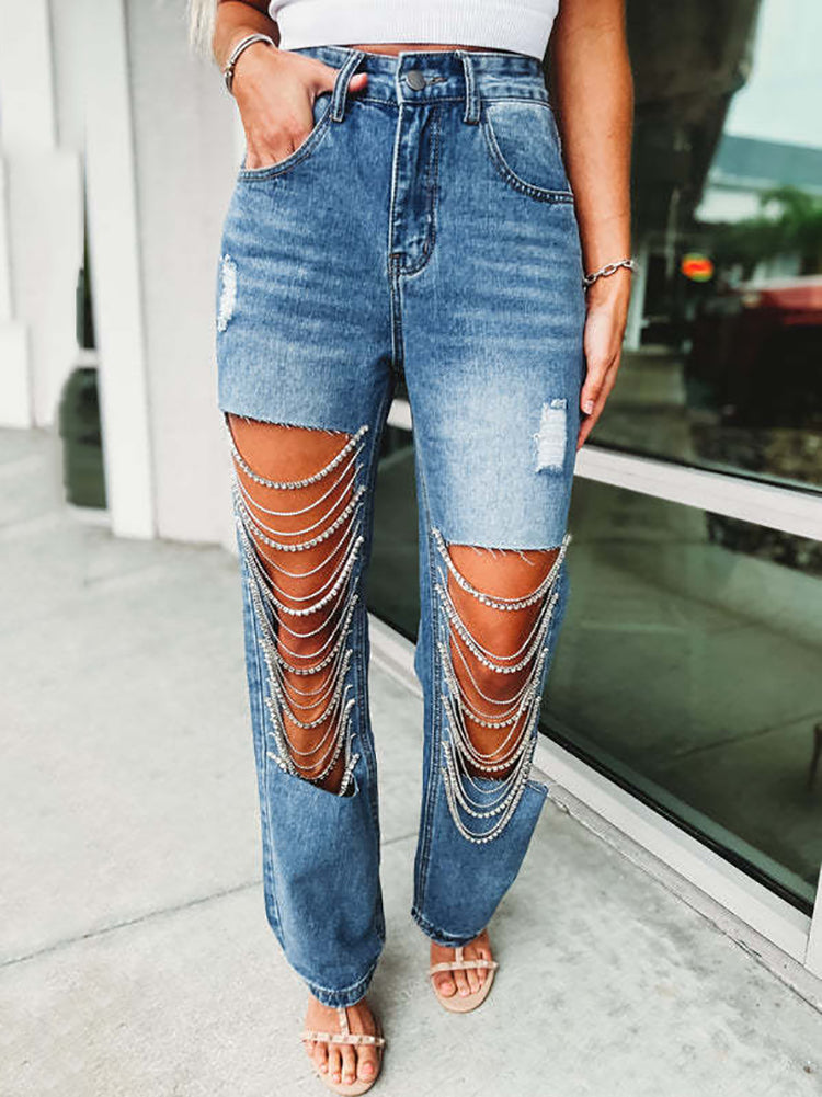 Distressed Rhinestone Chain Straight Leg Jeans