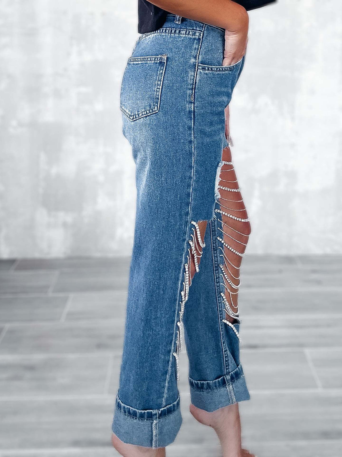 Distressed Rhinestone Chain Straight Leg Jeans