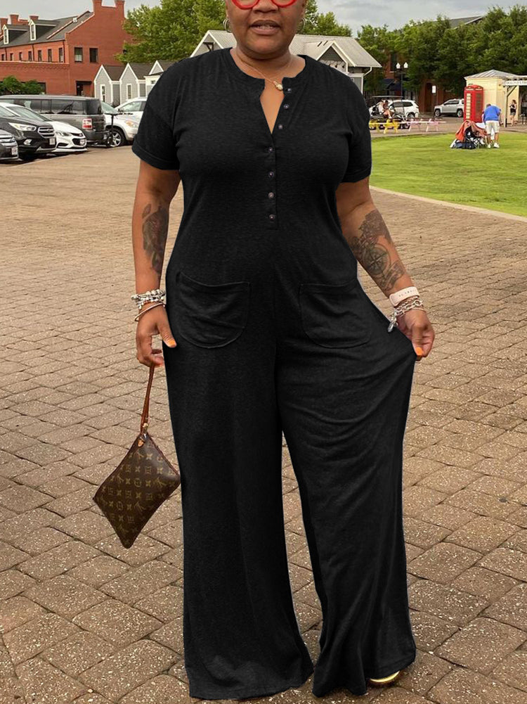 Plus Size Casual Solid Color Jumpsuit with Pockets