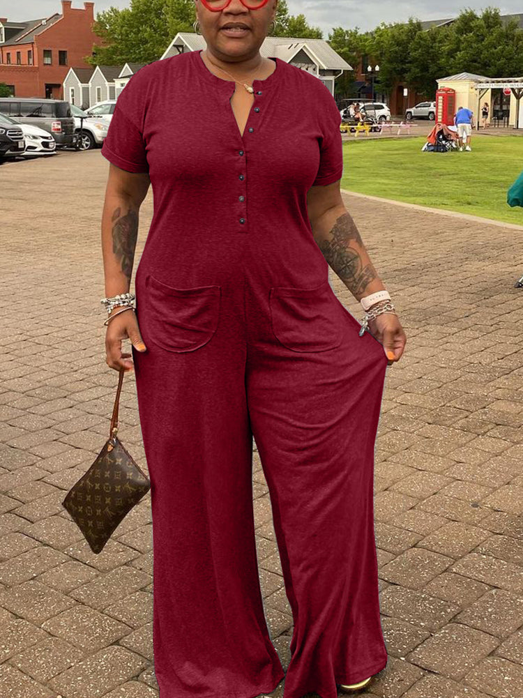 Plus Size Casual Solid Color Jumpsuit with Pockets
