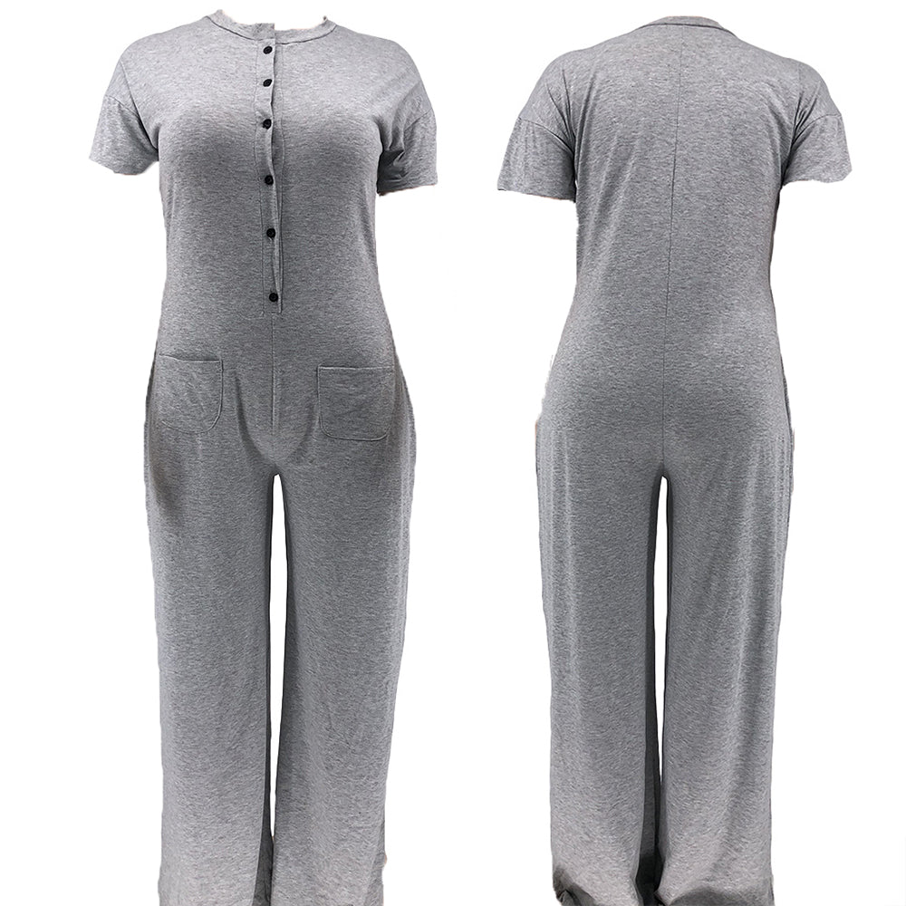 Plus Size Casual Solid Color Jumpsuit with Pockets