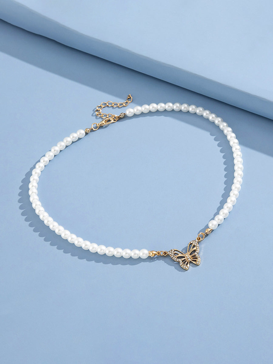 Pearl Butterfly Pendant Collar Necklace