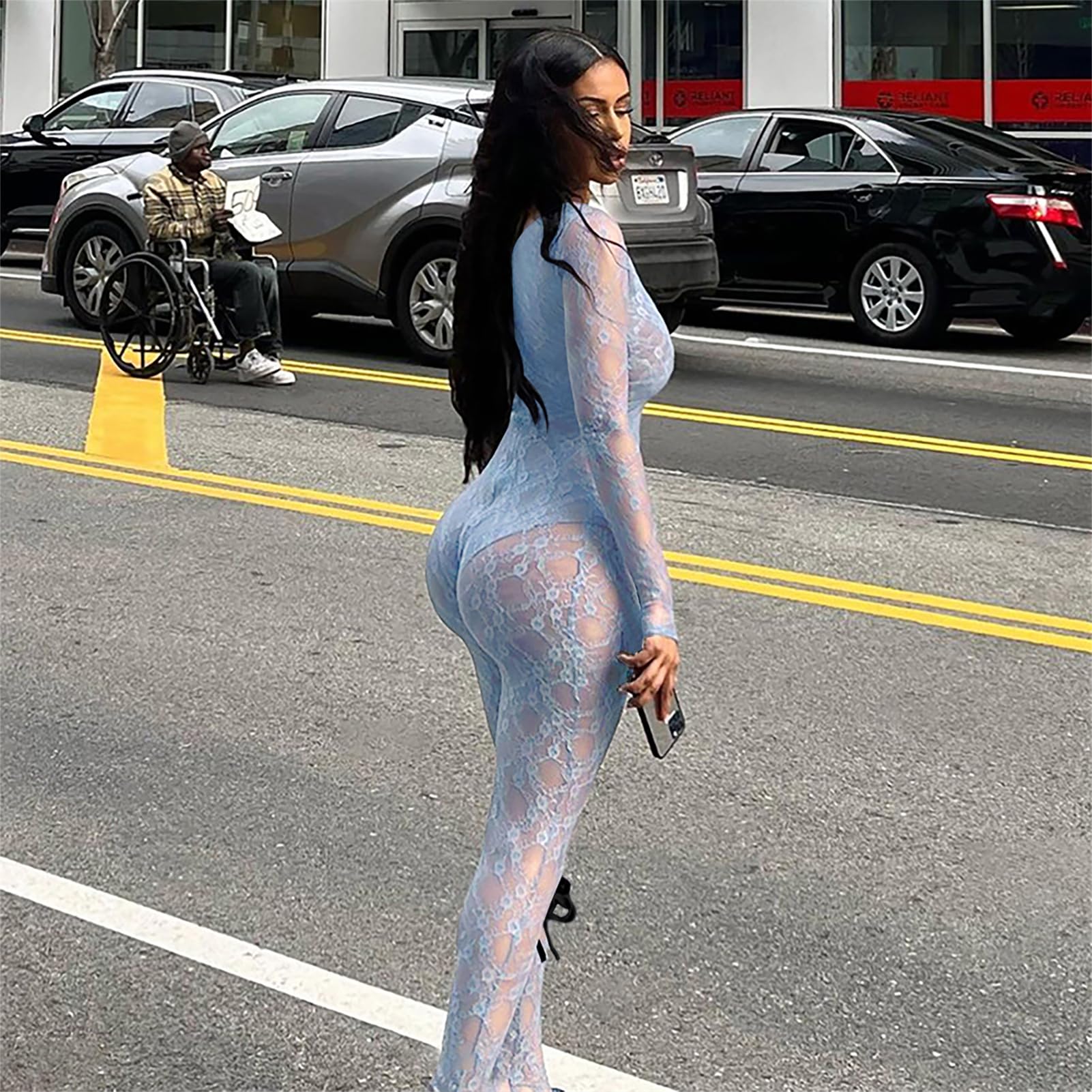 Mesh Long Sleeve Bodycon Jumpsuit