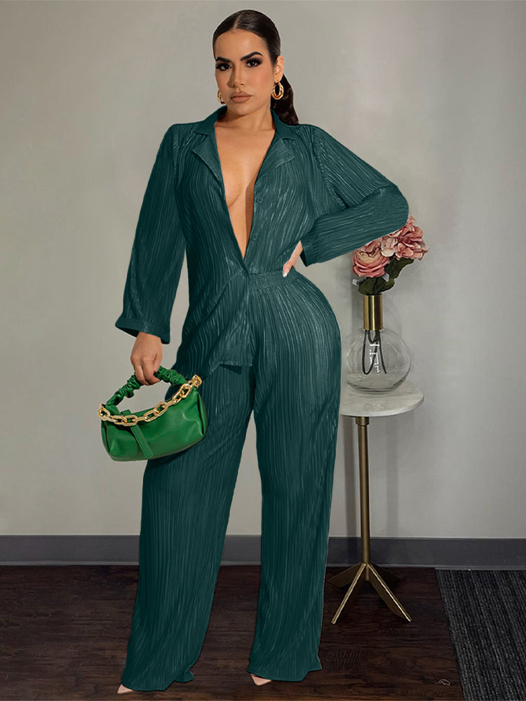 Two Piece Pleated Shirt Wide Leg Pants