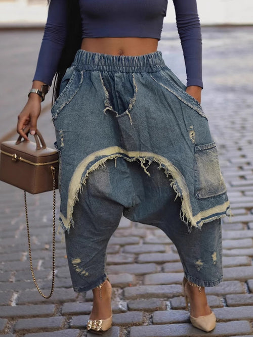 Pantalon harem en denim délavé