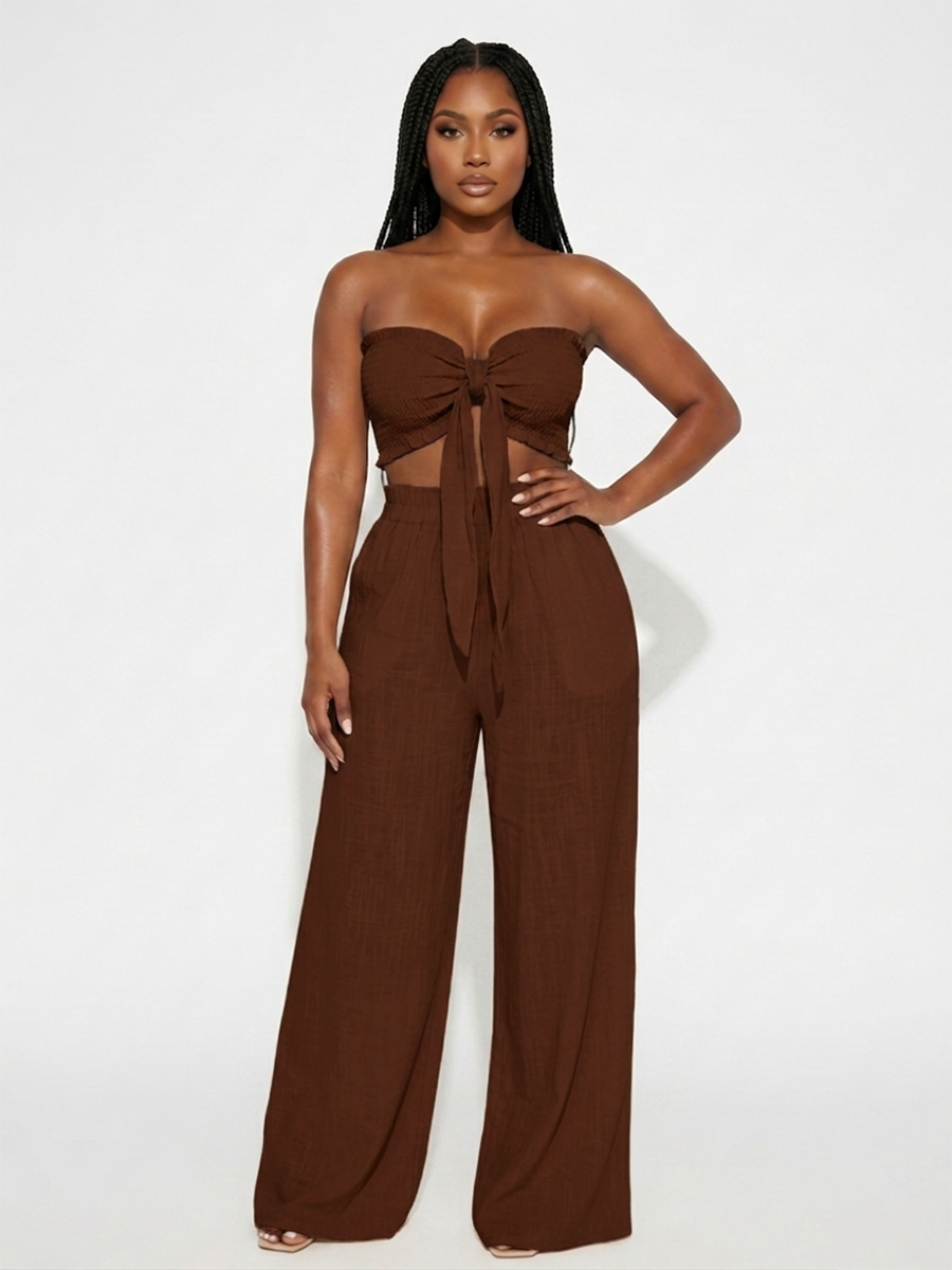Knot Front Crop Top Wide Leg Pants Set