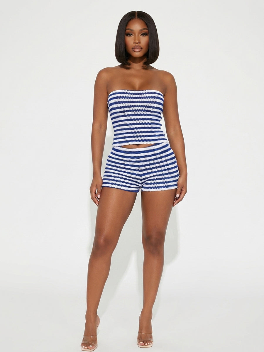 Stripe Tube Crop Top Shorts Set