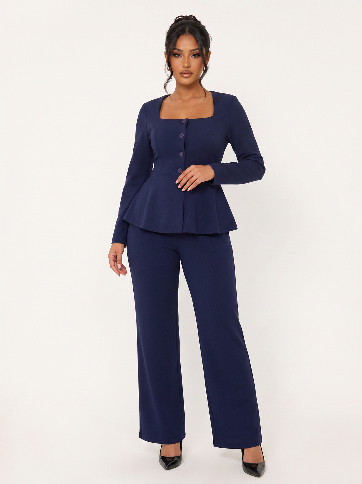 Square Neck Ruffle Blazer Pants Suit