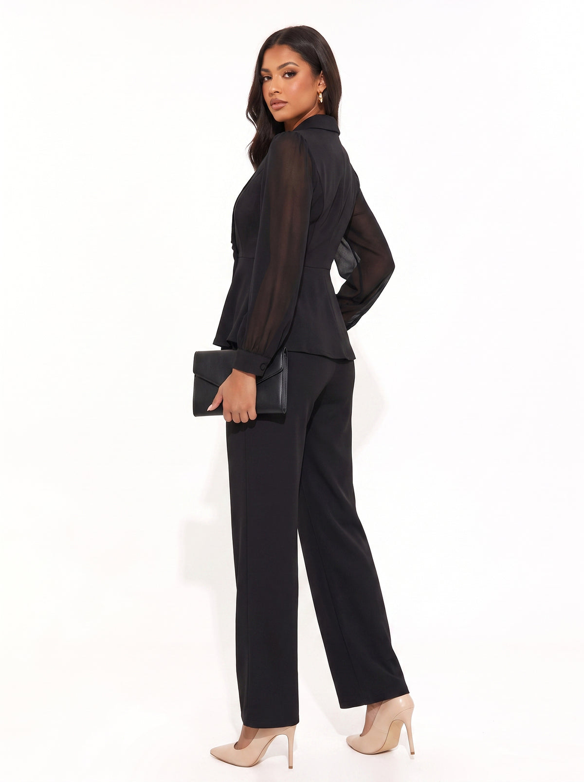Chiffon Sleeve Shawl Collar Blazer Pants Set