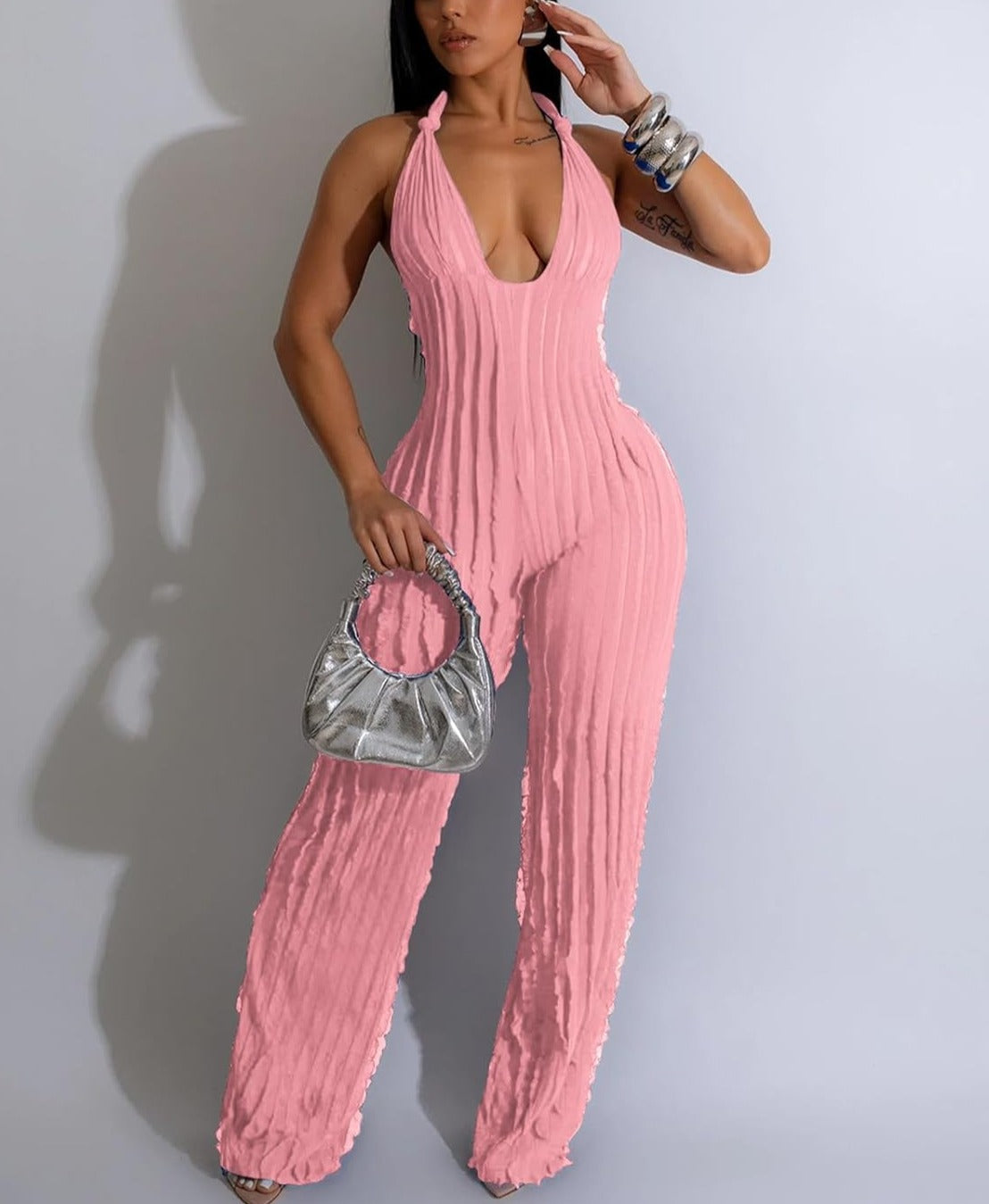 V Neck Pleated Halter Wide Leg Jumpsuit