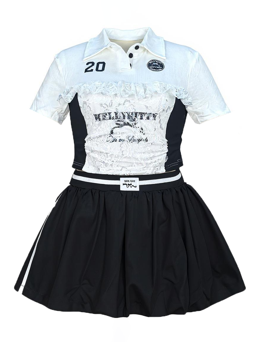 Lace Trim Letter Print Top Pleated Skirt Set