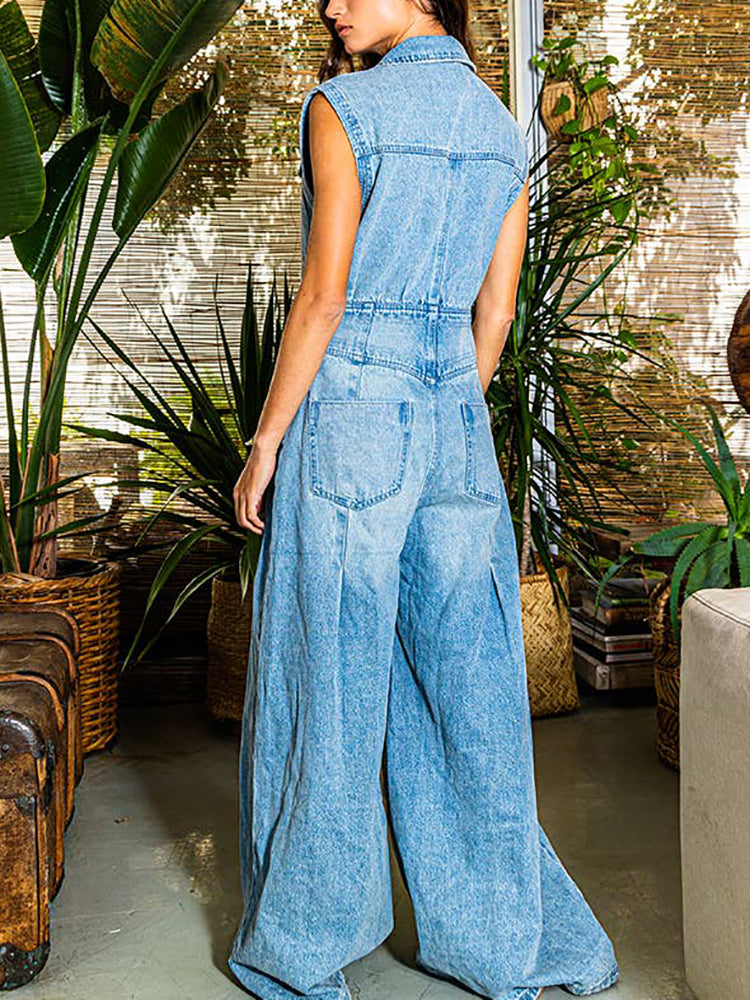 Sleeveless Button Denim Wide Leg Jumpsuit