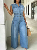Sleeveless Button Denim Wide Leg Jumpsuit