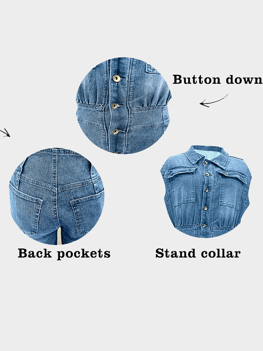 Sleeveless Button Denim Wide Leg Jumpsuit