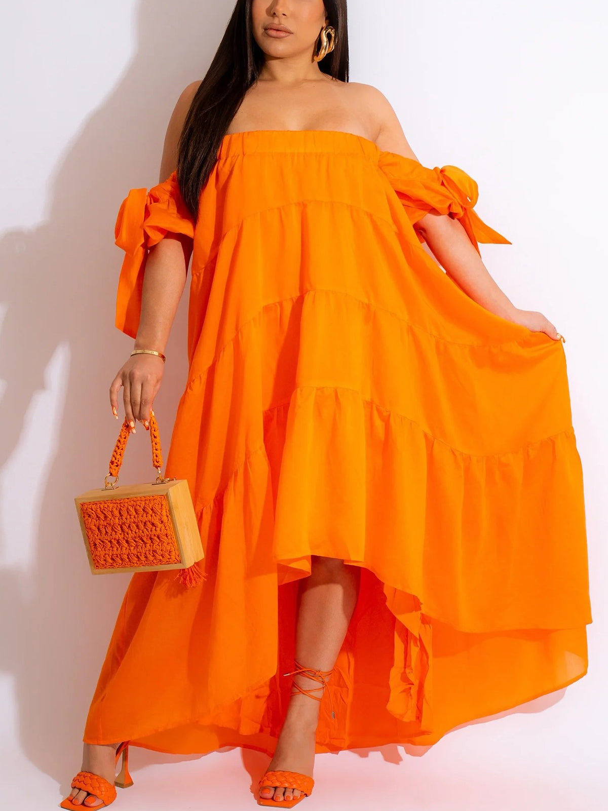 Off Shoulder Ruffle Asymmetric Midi Dress