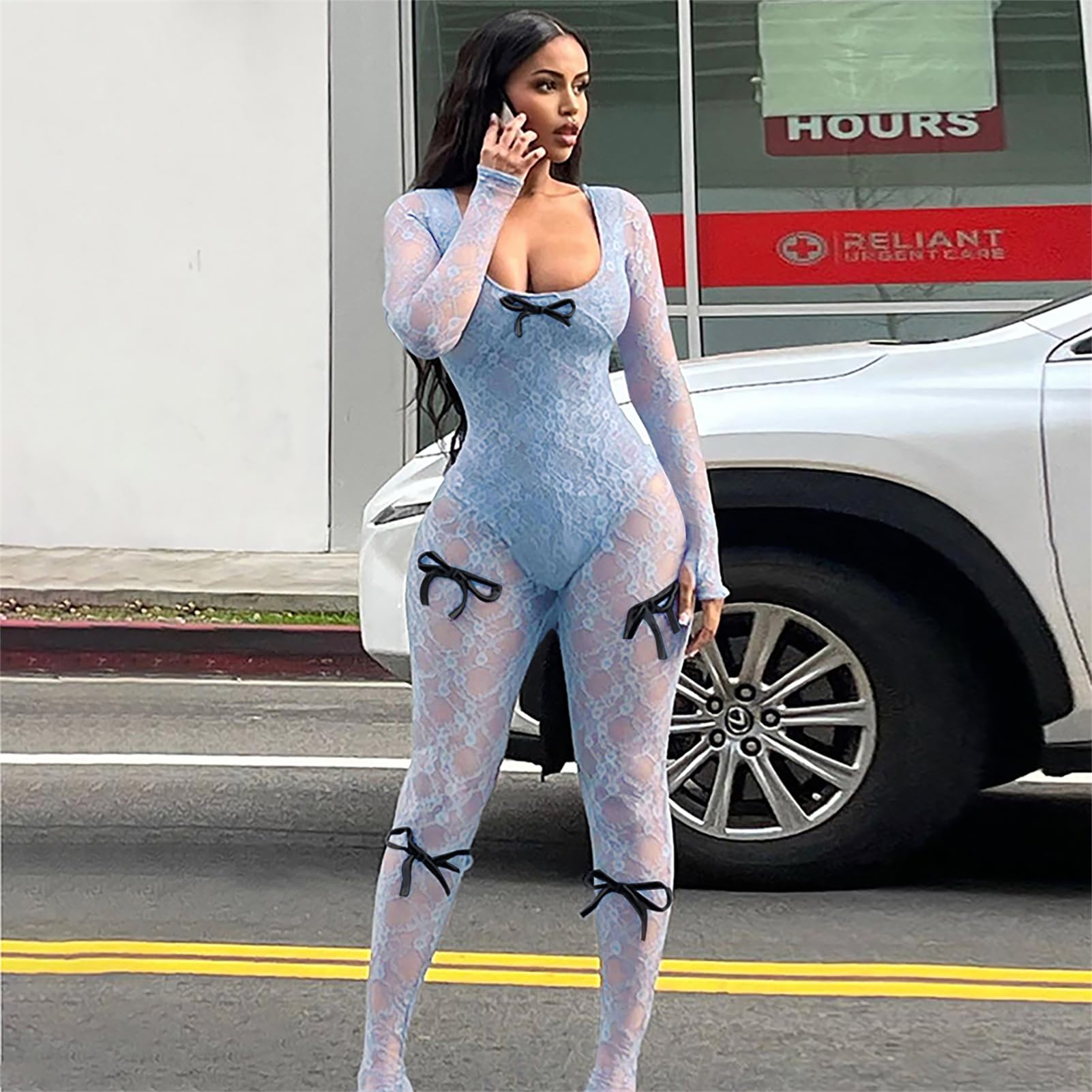Mesh Long Sleeve Bodycon Jumpsuit