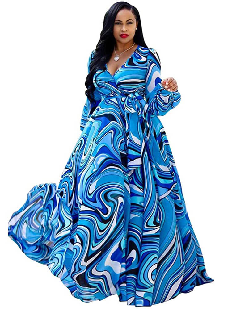 Chiffon Floral Printed V Neck Wrap Boho Maxi Dress