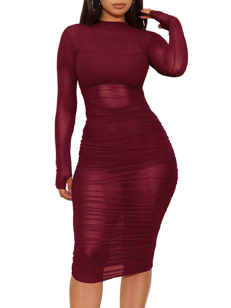 3 Piece Long Sleeve Ruched Sheer Mesh Bodycon Dress