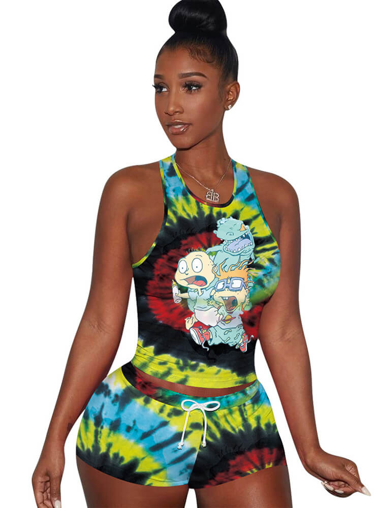 Two Pieces Colorful Tie Dye Cartoon shorts Set