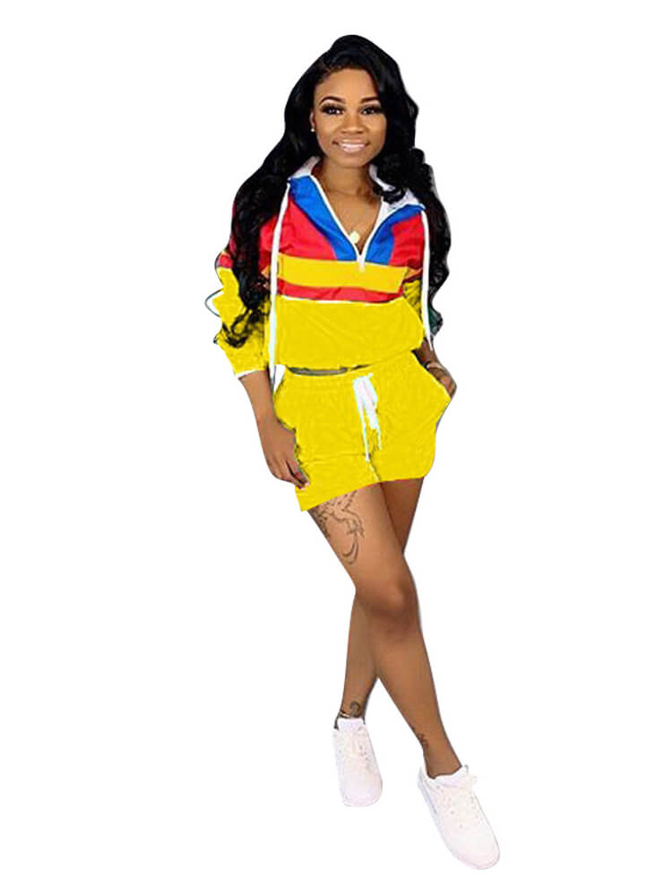 2 Piece Outfits Color Block Windbreaker shorts Set
