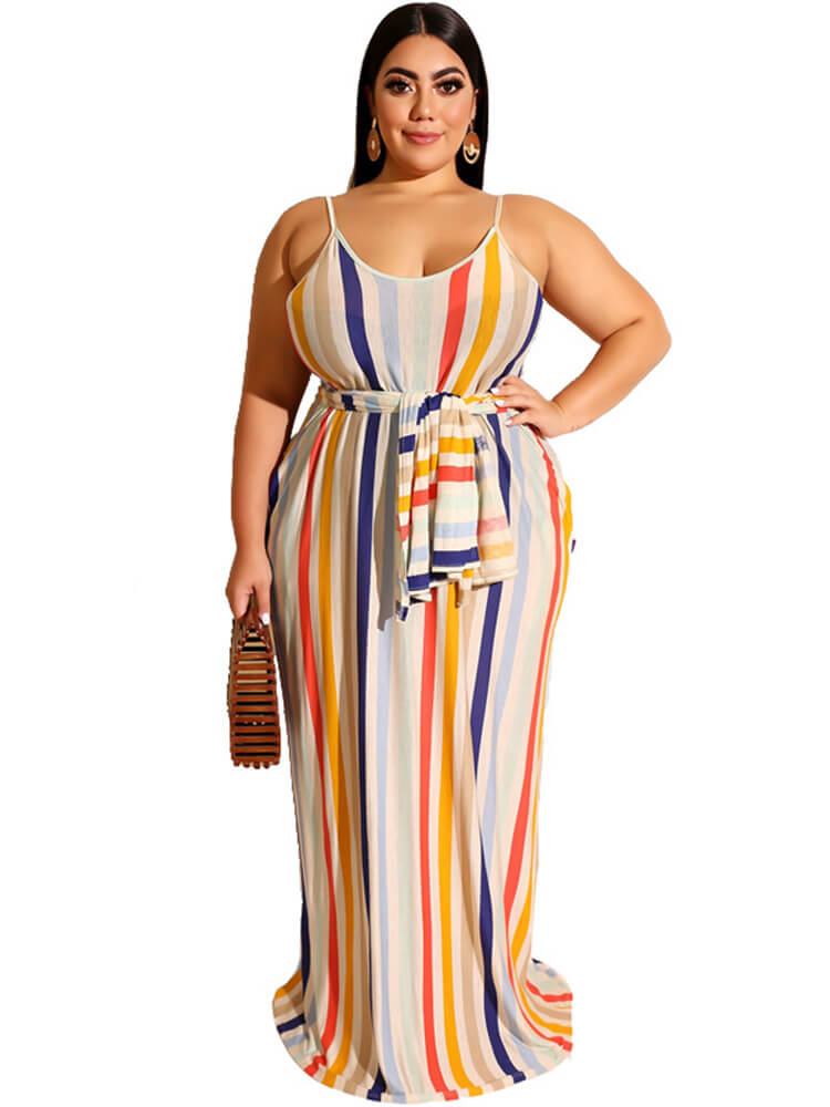 Plus Size Stripe Print Belt Sundress Maxi Dress