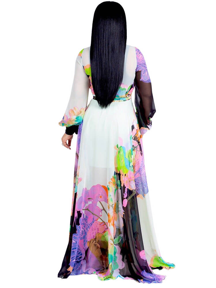 Chiffon Floral Printed V Neck Wrap Boho Maxi Dress