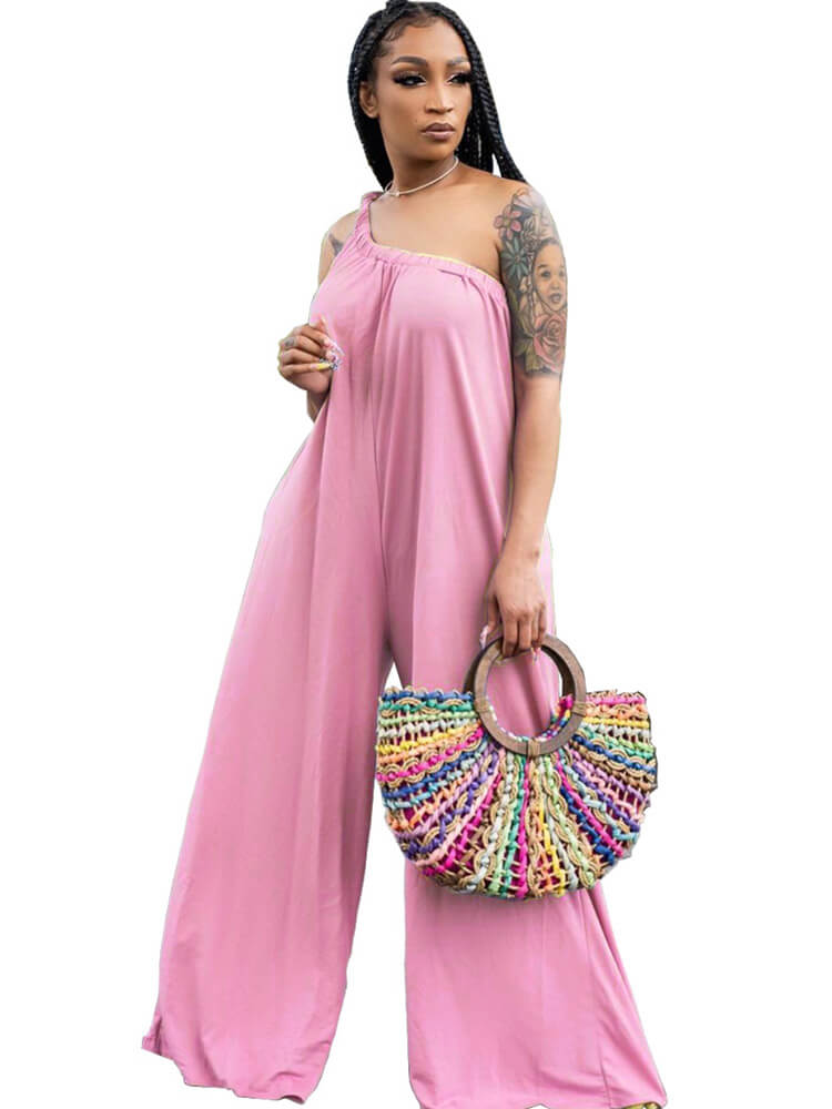 One Shoulder Sleeveless Wide Leg Jumpsuit