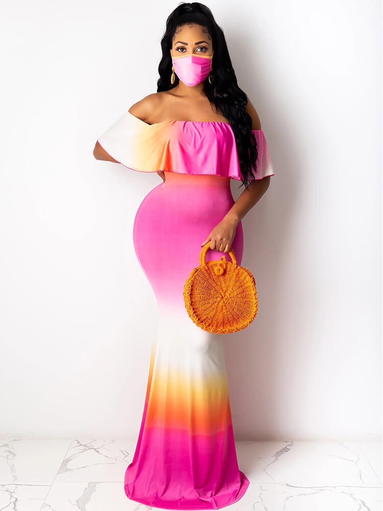 Off Shoulder Gradient Color Ruffle Floral Print Maxi Dress