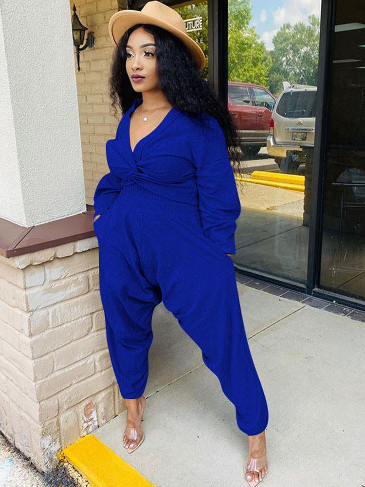 Two Piece V Neck Knot Crop Top Pants