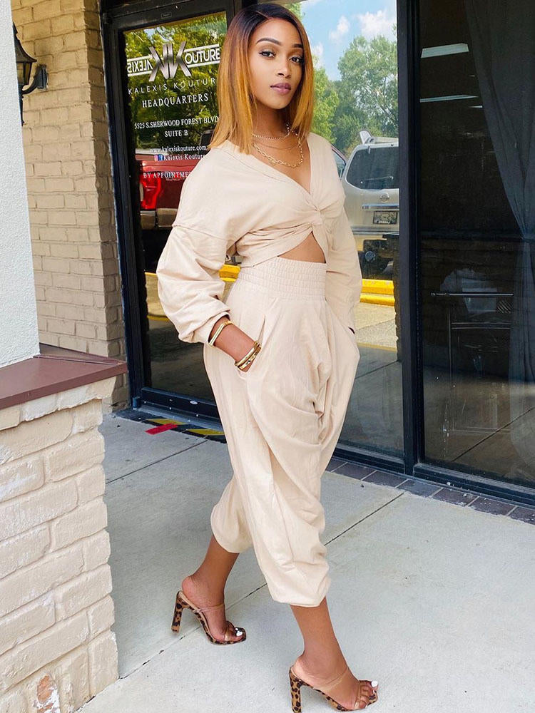 Two Piece V Neck Knot Crop Top Pants