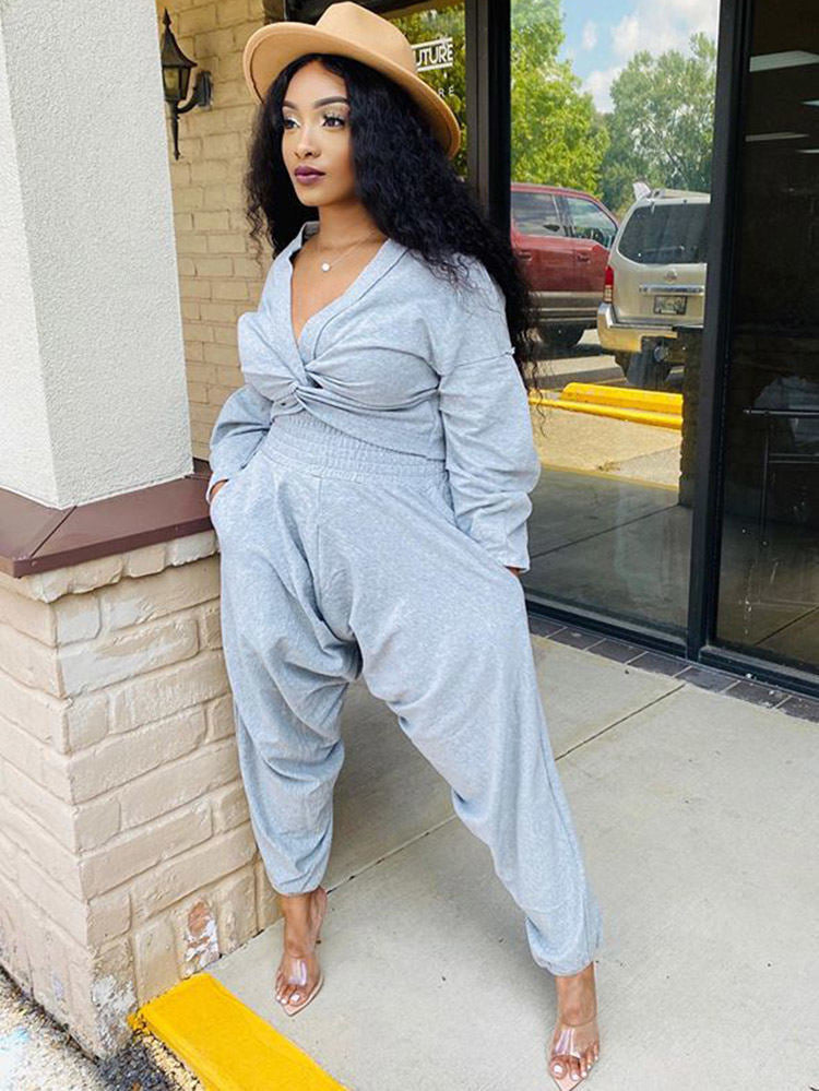 Two Piece V Neck Knot Crop Top Pants