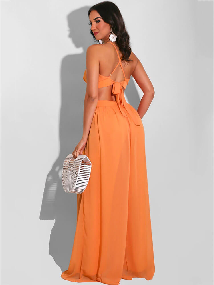 Spaghetti Strap Chiffon Backless Wide Leg Jumpsuit