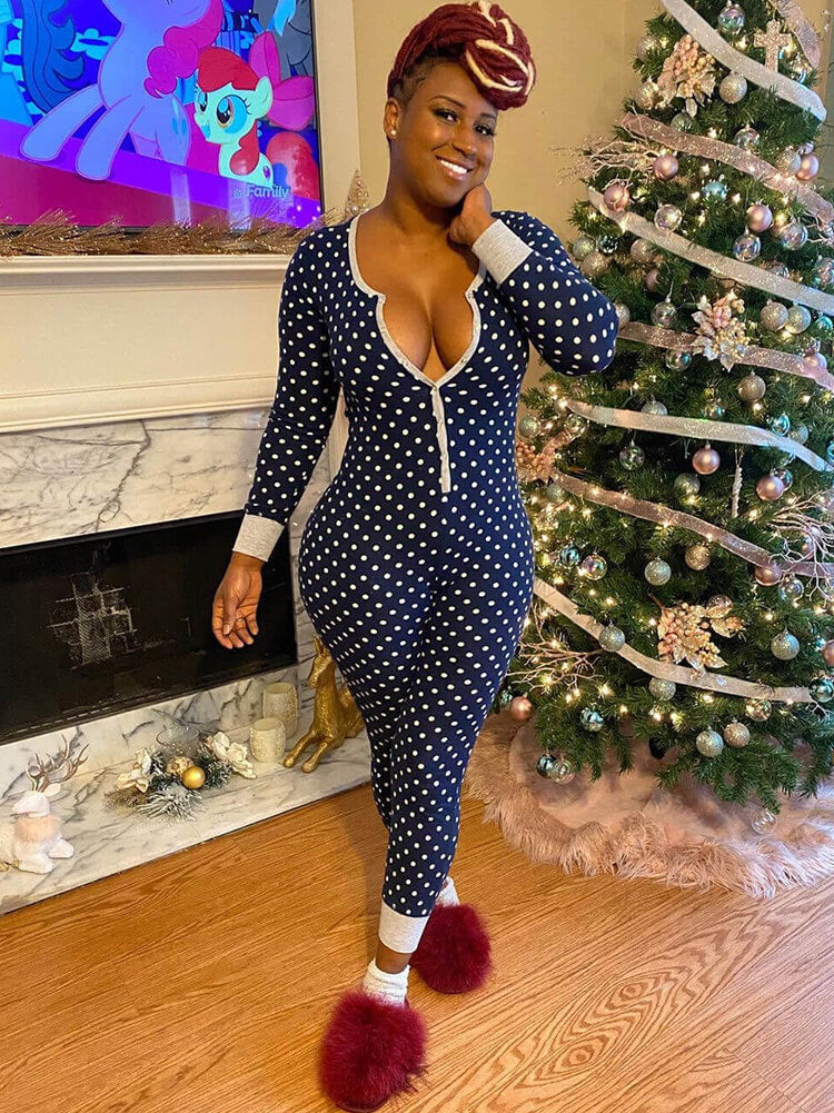 Christmas Dot Print V Neck Long Sleeve Button Jumpsuit