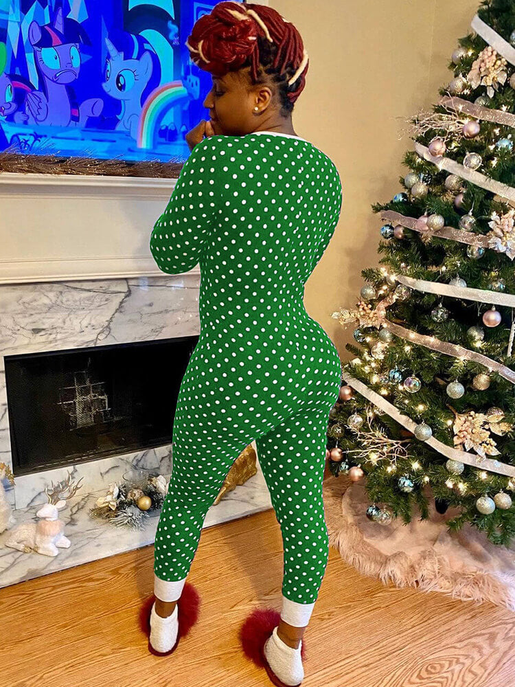 Christmas Dot Print V Neck Long Sleeve Button Jumpsuit