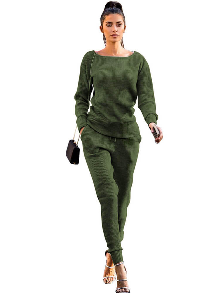 Two Piece Pullover Solid Color Top Pants Set