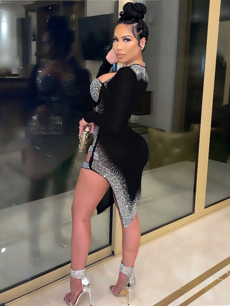 Long Sleeve Sequins Hollow Out Mini Dress