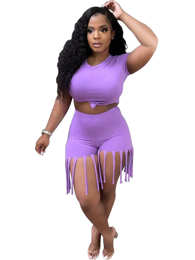 2 Piece Plus Size Knot Front Short Sleeve Top Tassels Shorts