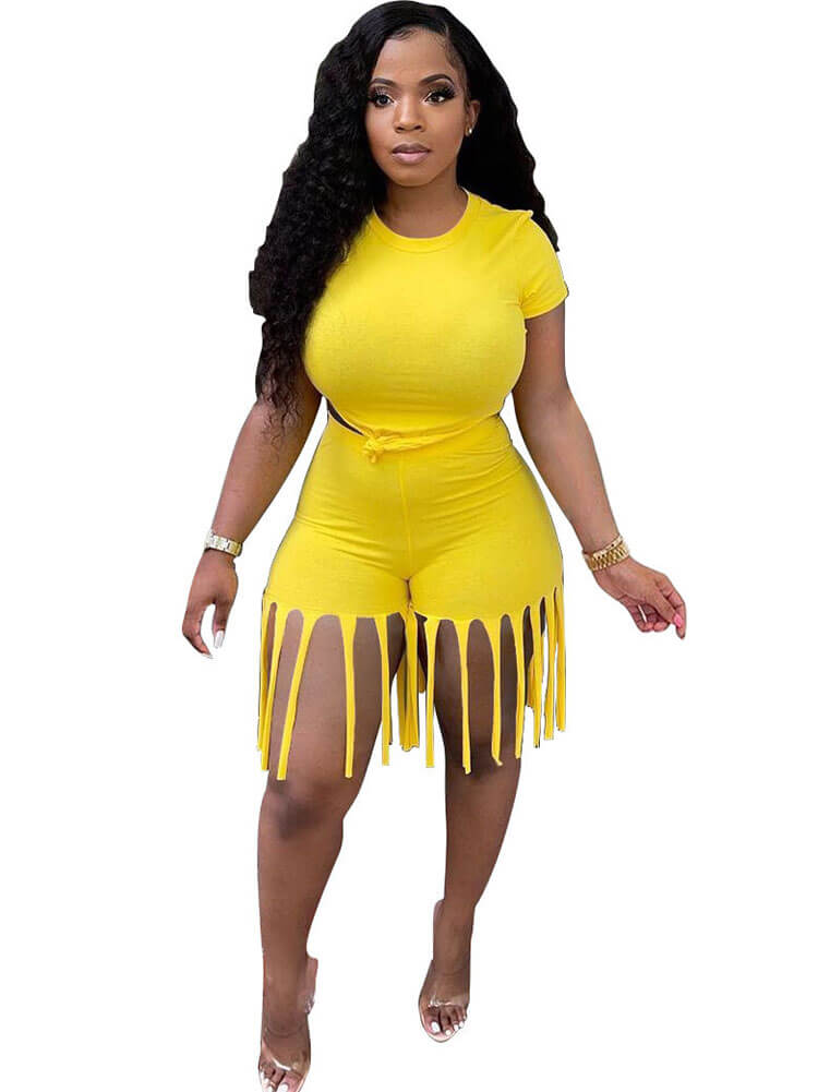 2 Piece Plus Size Knot Front Short Sleeve Top Tassels Shorts