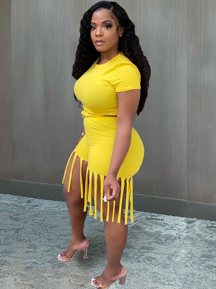 2 Piece Plus Size Knot Front Short Sleeve Top Tassels Shorts