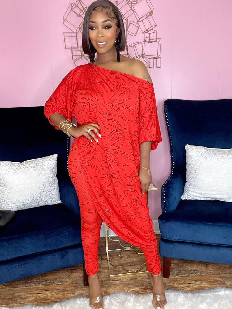 Two Piece Printed Irregular Top Skinny Long Pants