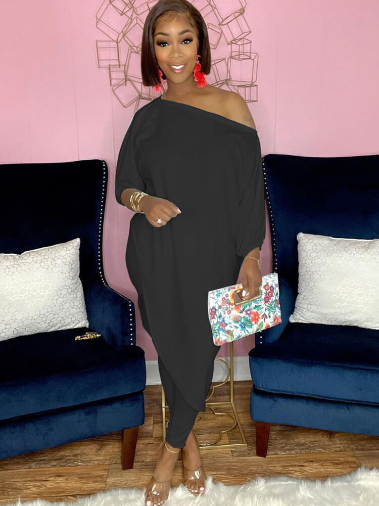 Two Piece Printed Irregular Top Skinny Long Pants