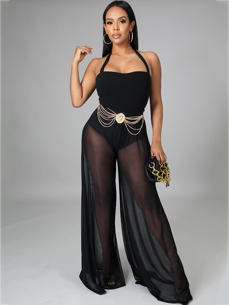 Halter Neck Strap Sheer Mesh Wide Leg Jumpsuit