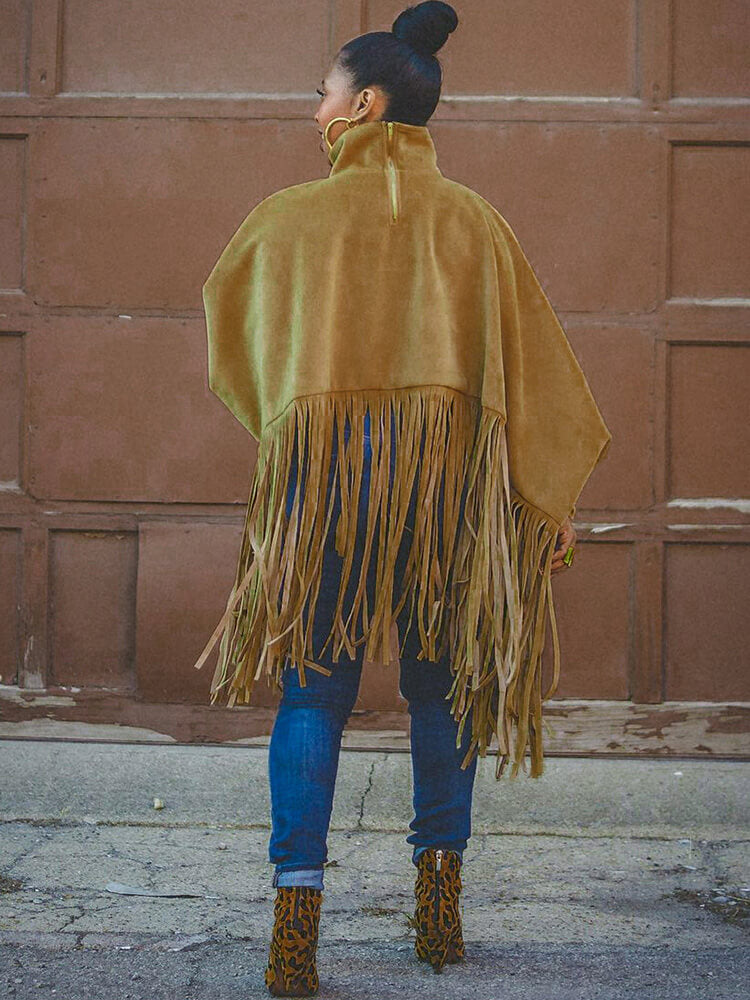 Batwing Sleeve Zipper Tassel Ponchos Top