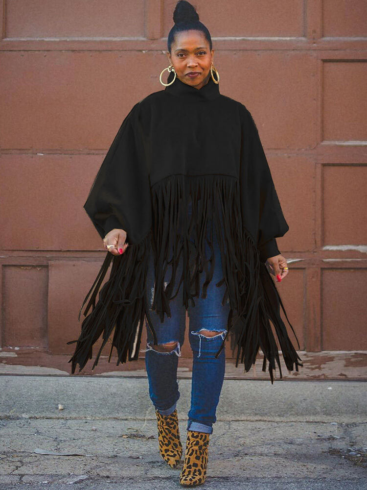 Batwing Sleeve Zipper Tassel Ponchos Top