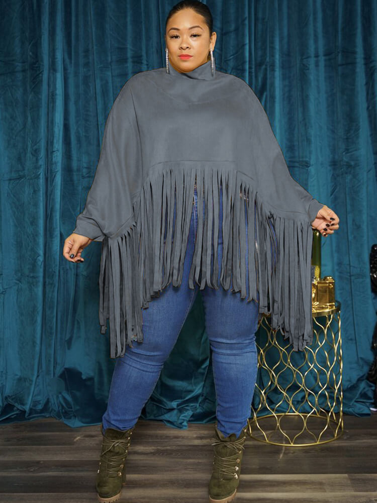 Batwing Sleeve Zipper Tassel Ponchos Top