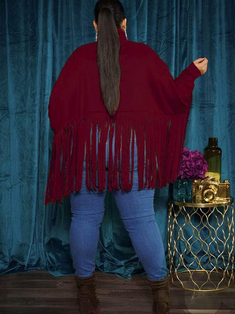 Batwing Sleeve Zipper Tassel Ponchos Top