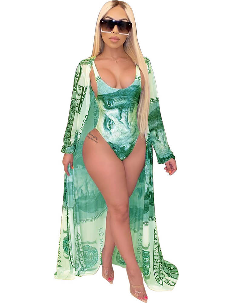 2 Piece Money Print Jumpsuit Bikini Cover Up