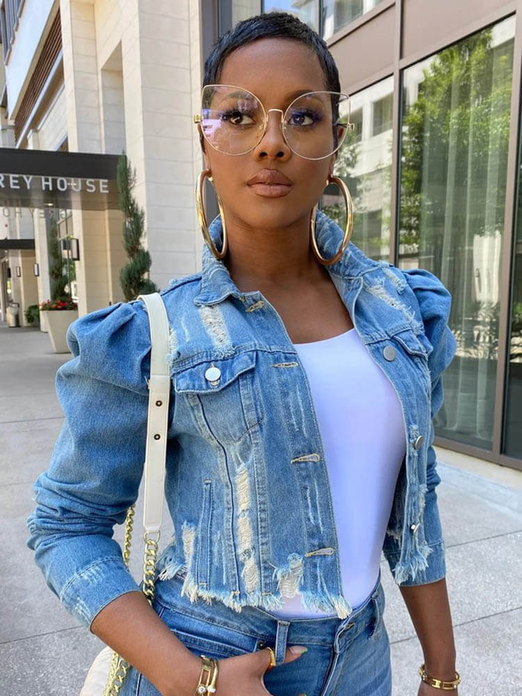 Vintage Button Cropped Destroyed Denim Coat